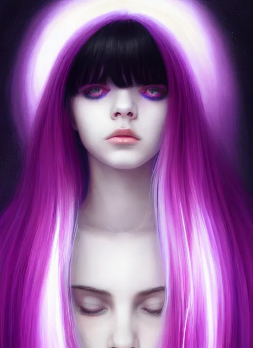 Image similar to hair whitebangs hair, black hair, whitebangs, portrait of teenage girl with white bangs, red irises, purple clothes, white bangs, bangs are different color from hair, intricate, elegant, glowing lights, highly detailed, digital painting, artstation, concept art, smooth, sharp focus, illustration, art by wlop, mars ravelo and greg rutkowski