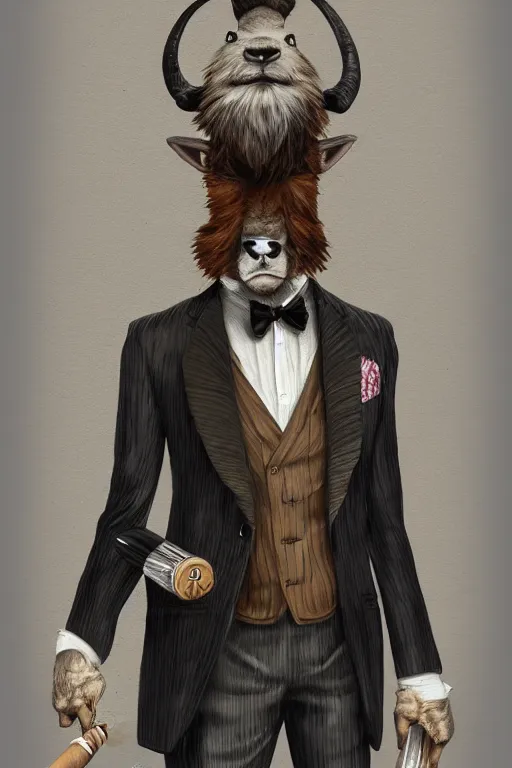 Image similar to beautiful portrait commission of a male furry anthro mountain goat wearing a pinstripe suit and waistcoat, smoking a cigar, award-winning character art, detailed, trending on artstation