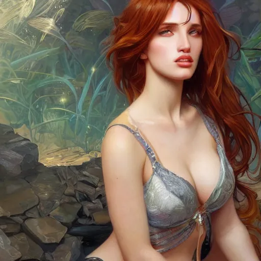 Image similar to ultra realistic illustration, bella thorne, flirtatious, tease, intricate, elegant, highly detailed, digital painting, artstation, concept art, smooth, sharp focus, illustration, art by artgerm and greg rutkowski and alphonse mucha