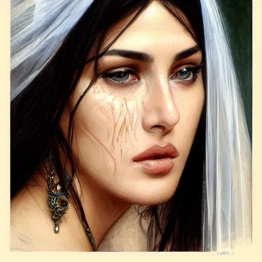 Image similar to Beautiful face Portrait of crying young arab Monica Bellucci, really big blue eyes, long wavy black hair, white veil, closeup, focus face, colored, middle eastern, dramatic lighting, intricate, wild, highly detailed, digital painting, artstation, concept art, smooth, sharp focus, illustration, art by artgerm and greg rutkowski and alphonse mucha, footage from space camera