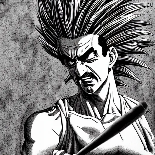 Image similar to Super Saiyan Frank Zappa manga panel award winning black and white art by Frank Zappa and Kim Jung Gi pen highly detailed pen and ink matte painting
