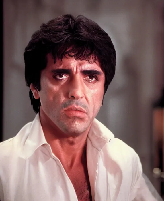 Image similar to headshot portrait. tony montana from movie scarface 1 9 8 3. al pacino, perfect symmetric face, coherent eyes, fine details., 4 k, ron cobb. cinestill