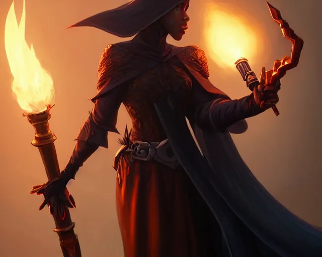 Prompt: a black mage from final fantasy, holding a torch, deep focus, d & d, fantasy, intricate, elegant, highly detailed, digital painting, artstation, concept art, matte, sharp focus, illustration, hearthstone, art by artgerm and greg rutkowski and alphonse mucha
