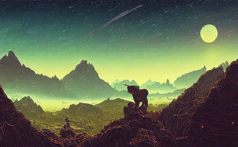 Prompt: mountains, stars and paisley filled sky, artstation, intricate, highly detailed, digital painting, concept art, sharp focus, illustration by Jean Claude Mézières and Simon Stalenhag