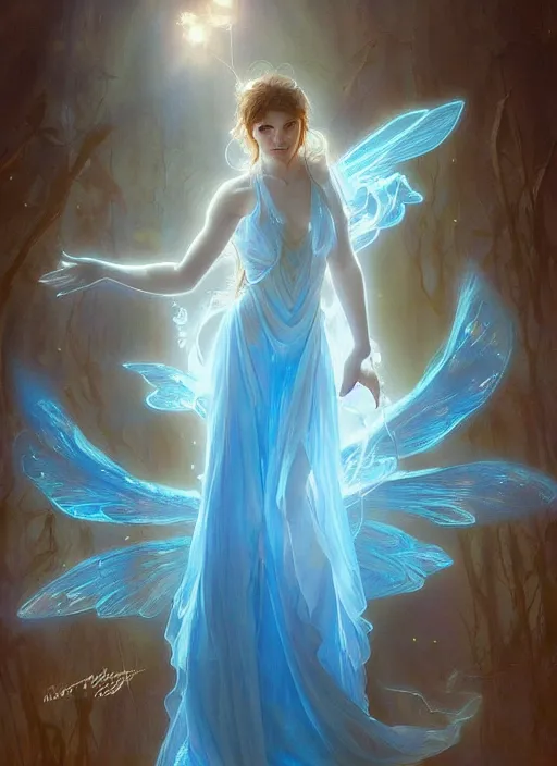 Prompt: a glowing blue fairy made of light. she looks like a teenage girl and wears a long flowing dress. she is made of blue light and fades into light at the edges. beautiful fantasy art by artgerm and greg rutkowski and alphonse mucha