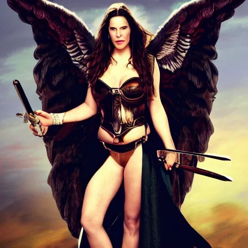 Image similar to full body photo of liv tyler as an angel warrior with heavenly weapons