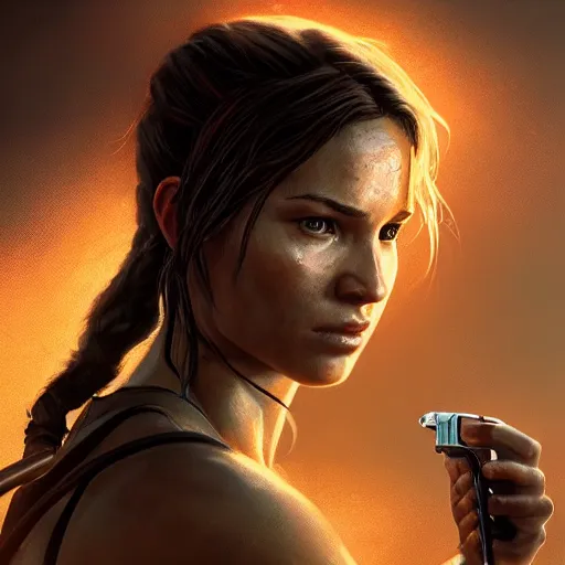 Image similar to Lara Croft portrait, atmospheric lighting, painted, intricate, volumetric lighting, beautiful, rich deep colors masterpiece, golden hour, sharp focus, ultra detailed, by Leesha Hannigan, Ross Tran, Thierry Doizon, Kai Carpenter,Ignacio Fernández Ríos