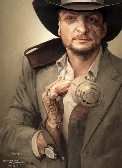 Image similar to Portrait Tim Robinson (from I Think You Should Leave) in a cowboy hat and eye mask disguise, marvel comics, dark, intricate, highly detailed, smooth, artstation, digital illustration by Ruan Jia and Mandy Jurgens and Artgerm and Wayne Barlowe and Greg Rutkowski and Frank Frazetta