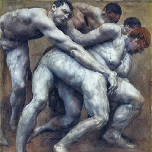 Image similar to 3 drunks fall over mud - wrestling,, oil painted ( ( ( ( ( ( by rodin ) ) ) ) ) )