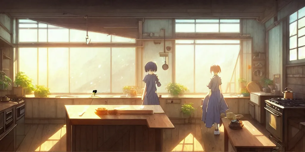 Prompt: interior background art, bright window lit kitchen, morning, steaming food on the stove, wooden floors, houseplants, ghosts, cottage decor, anime, trending on pixiv fanbox, painted by greg rutkowski makoto shinkai takashi takeuchi studio ghibli, akihiko yoshida