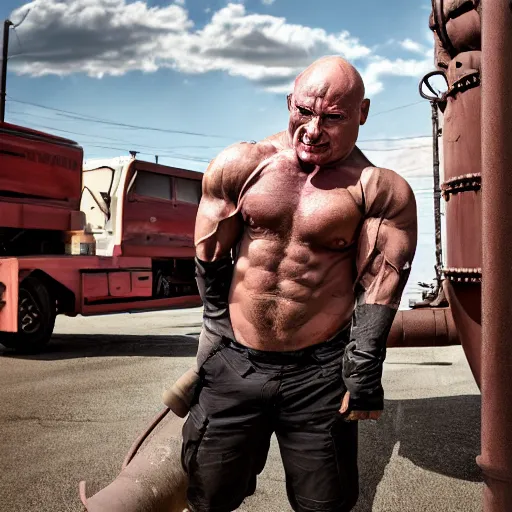 Image similar to a muscular bald man with engines on his back and drainage pipes from his arms, diesel engine, gasoline engine, combustion engine, high definition photograph