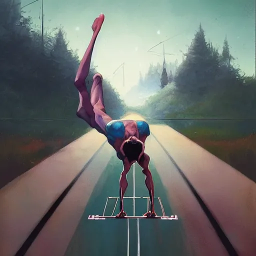 Prompt: cinematic painting of qwop!!!!!!!!!!!!!!!!!!!! running down the track by alvaro castagnet, peter mohrbacher and dan mumford, kinetic, motion, athletic, running
