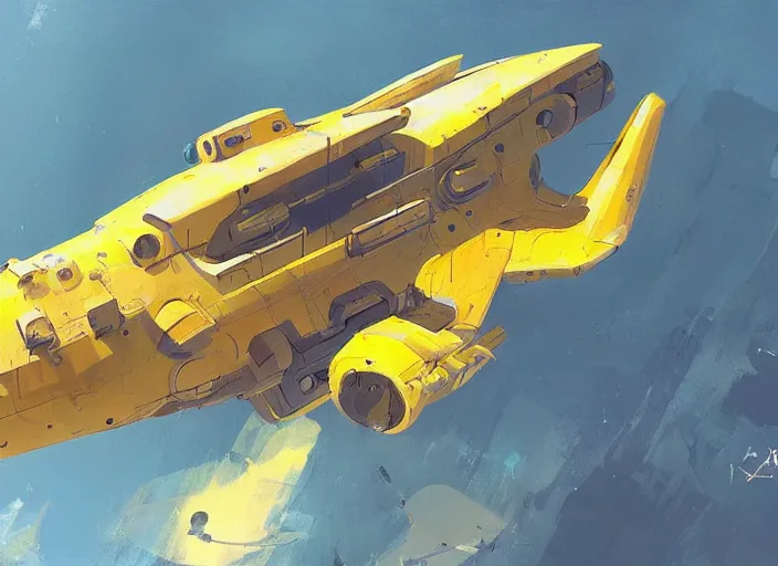 Image similar to a painting of a futuristic yellow submarine plane flying through the sky, concept art by Ian McQue, cgsociety, retrofuturism, artstation hq, concept art, sci-fi