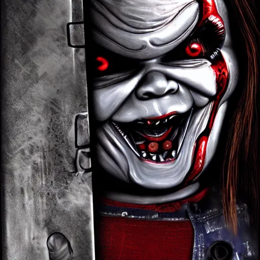 Image similar to chucky the doll and jigsaw digital art 4 k detailed super realistic