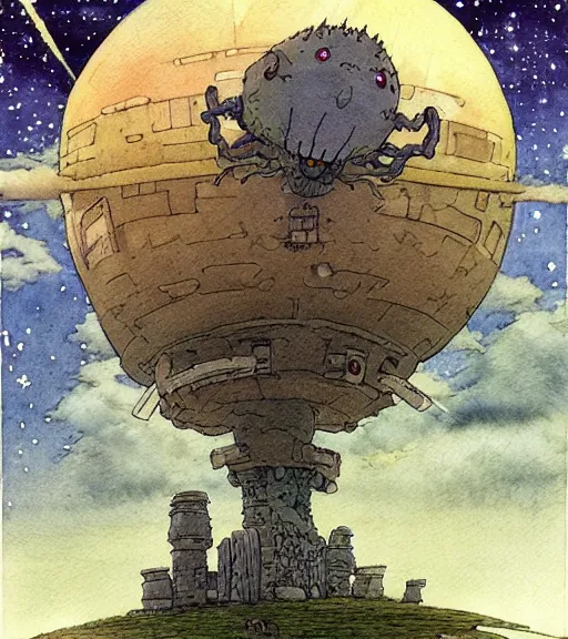 Image similar to hyperrealist studio ghibli watercolor fantasy concept art of an immense ufo from howl's moving castle sitting on stonehenge like a stool. it is a misty starry night. by rebecca guay, michael kaluta, charles vess