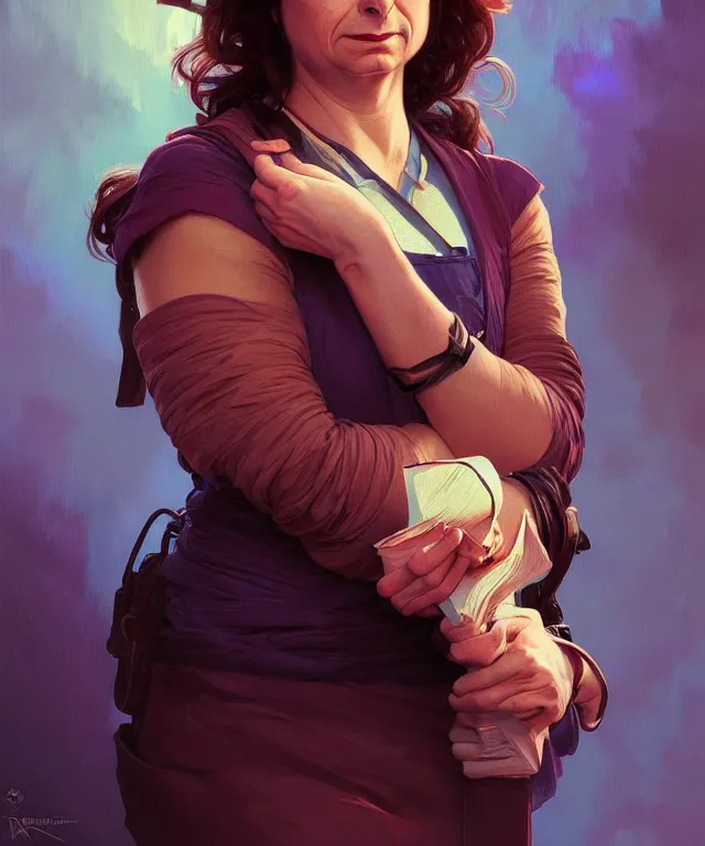Prompt: portrait of rachel dratch, arms crossed, delivering bad news, intricate, headshot, highly detailed, digital painting, artstation, concept art, sharp focus, cinematic lighting, illustration, art by artgerm and greg rutkowski, alphonse mucha, cgsociety