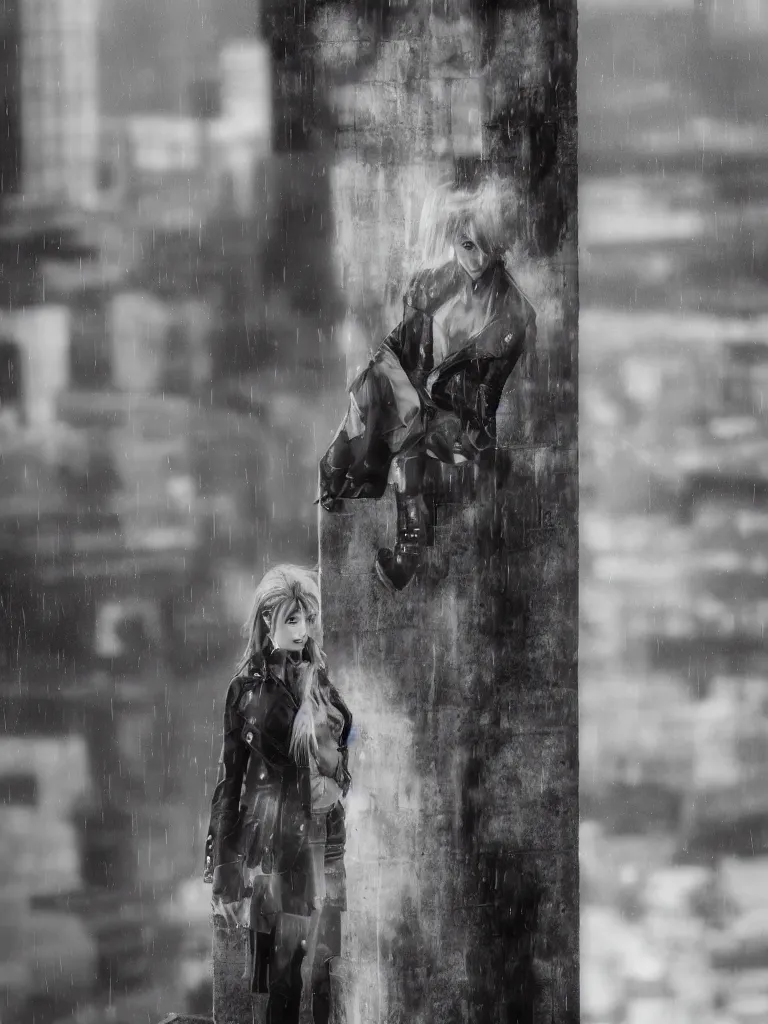 Prompt: cute model annie leonhart posing in dunwall city on building roof, beautiful face, detailed face, realistic eyes, cinematic lighting, rainy weather, melancholy atmosphere, volumetric light, gothic architecture, realistic reflections, model agency, instagram photo, depression atmosphere, shot on sony a 6 4 0 0 camera, beauty filter, postprocessing