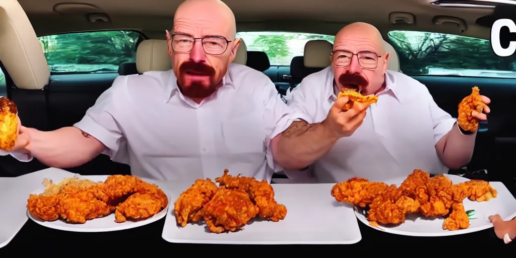 Image similar to walter white mukbang inside car, youtube video screencap, eating fried chicken, greasy face stuffed with chicken, double chin, real, fat, detailed, 4k