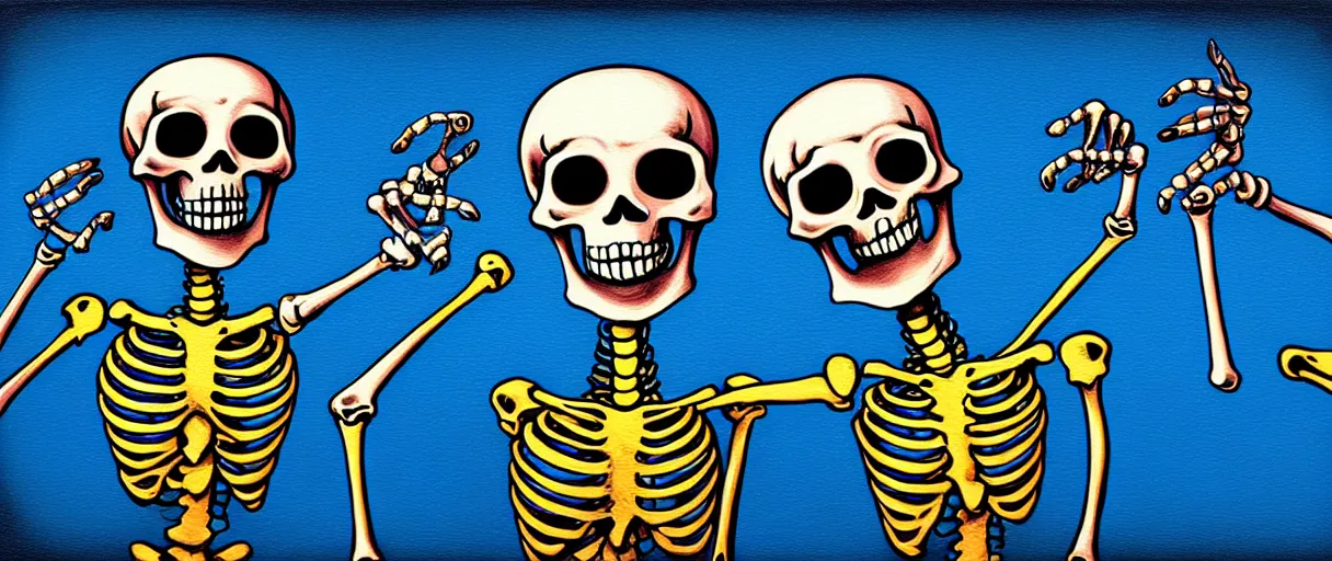 Image similar to hyperrealistic popart very cute milticolored medieval skeletons dancing jason limon digital painting dramatic blue lighting wide angle hd 8k sharp shallow depth of field