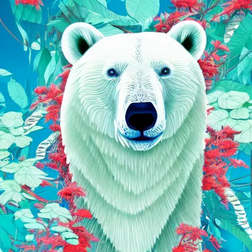 Prompt: blue paper + an intricate polar bear and a beauty depiction + elaborate red illustration, very detailed, deviantart, 8 k vertical wallpaper, tropical, colorful, airy, anime illustration, anime nature