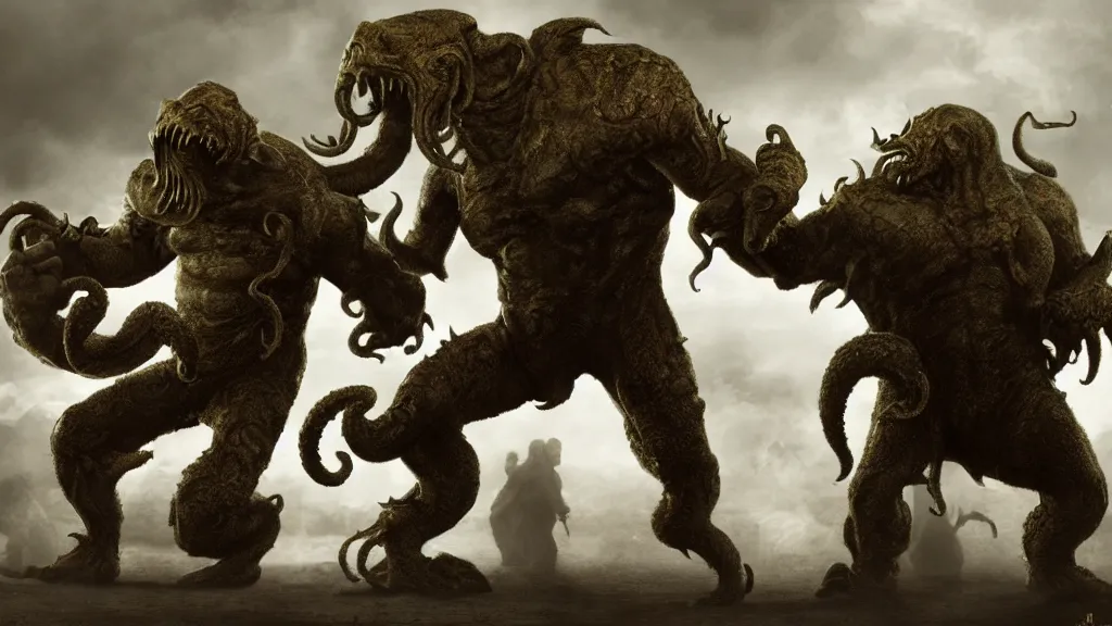 Image similar to chuck norris Fight with the giants cthulhu, cgi, trending artstation