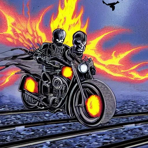 Prompt: ghost rider riding a train