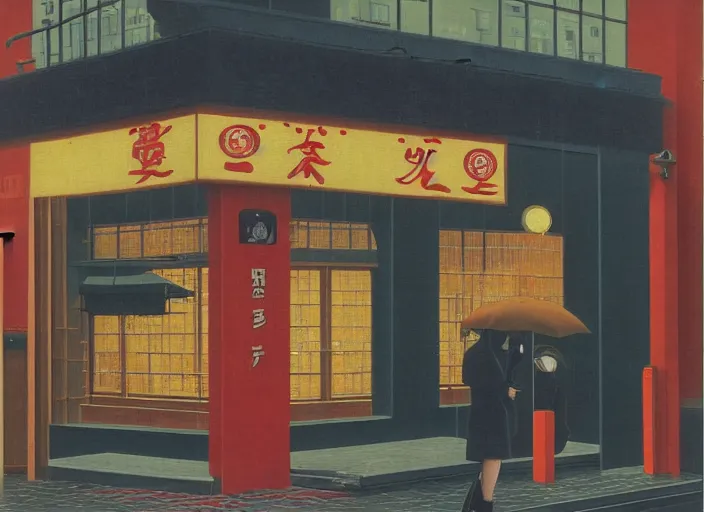 Image similar to exterior of an open cyberpunk ramen place during a rainy night by rene magritte