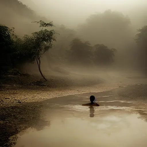 Prompt: award winning photo of a nepali village girl, bathing in a river, early morning, foggy, sunlight