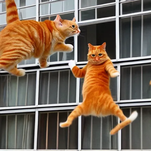 Prompt: orange tabby cat dual wielding AK-47s, while jumping backward out a window