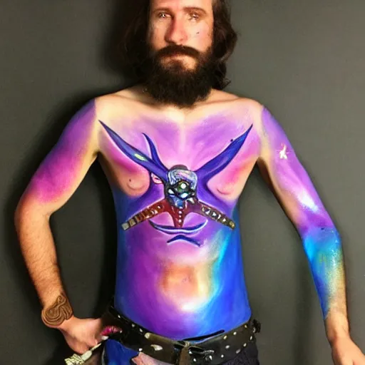 Image similar to iridescent bodypaint on a swashbuckling space pirate