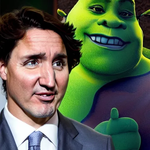 Image similar to justin trudeau cosplaying as a offensive shrek caricature, 7 2 0 p, realistic, controversial photo