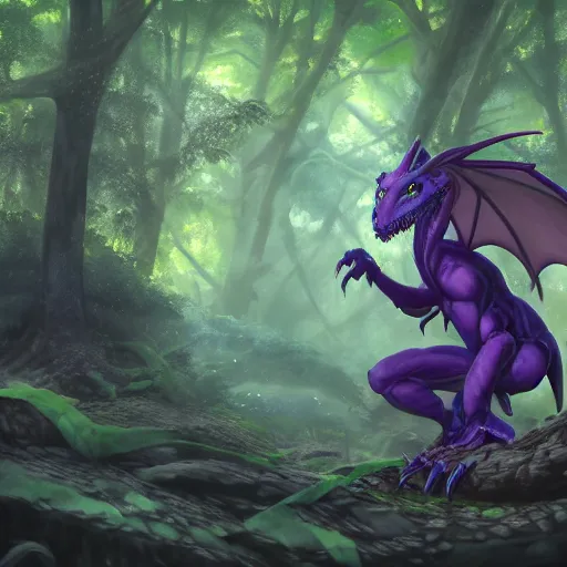 Image similar to concept art painting of an anthropomorphic purple humanoid bipedal dragon, in the deep forest, realistic, detailed, cel shaded, in the style of makoto shinkai and greg rutkowski and james gurney