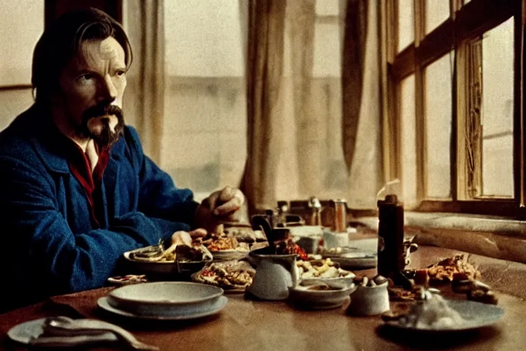 Image similar to soviet movie still doctor strange sitting at a table next to the window with food, dark warm light, a character portrait by margarita terekhova, movie stalker solaris film still by andrei tarkovsky, 8 k, 1 9 8 4, close - up bokeh, gelios lens, color, noir