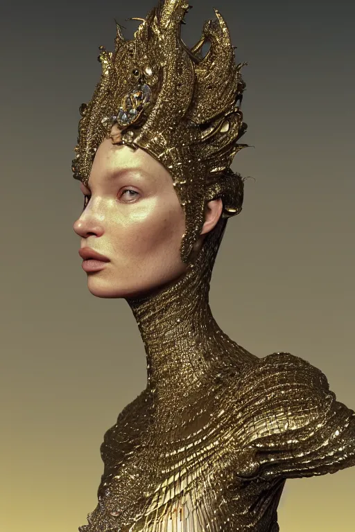Prompt: a highly detailed medium shot 8 k render portrait of an alien goddess young kate moss in iris van herpen dress schiaparelli in diamonds and jewelry in style of alphonse mucha trending on artstation made in unreal engine 4
