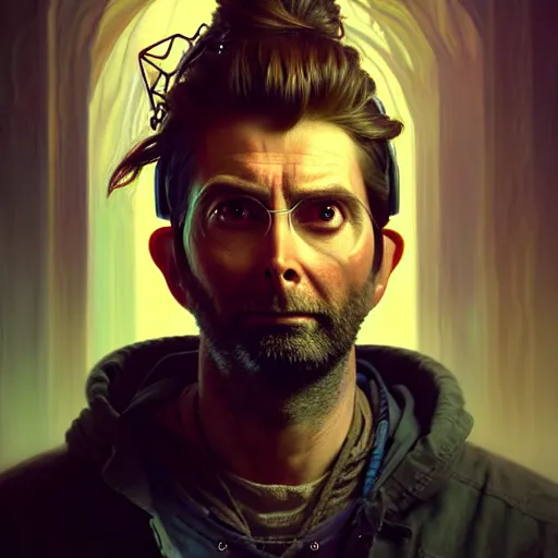 Image similar to portrait painting of a cyberpunk dwarf mechanic bearded david tennant, ultra realistic, concept art, intricate details, eerie, highly detailed, photorealistic, octane render, 8 k, unreal engine. art by artgerm and greg rutkowski and charlie bowater and magali villeneuve and alphonse mucha