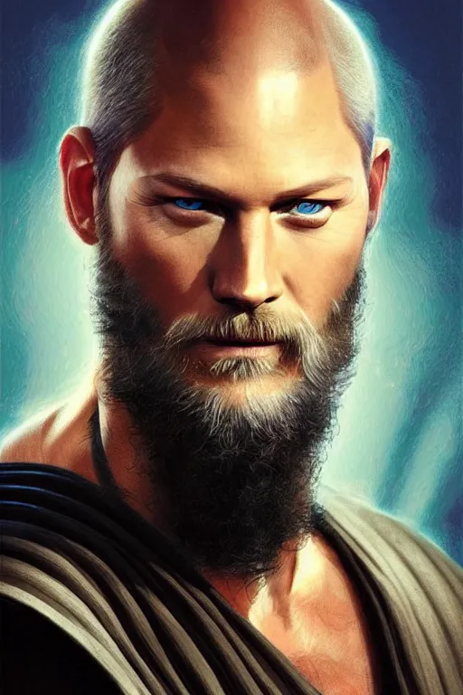 Prompt: bald Travis Fimmel with a long shaggy beard as a Jedi Master, looking at the viewer, detailed face, high contrast, highly detailed, digital painting, sharp focus, trending on artstation, concept art, illustration, art by greg hildebrandt and clayton crain