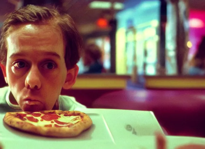 Image similar to detailed portrait of charlie kaufman eating pizza at chuck - e - cheese, dramatic lighting, moody film still from being john malkovich ( 2 0 1 0 ), 3 5 mm kodak color stock, 2 4 mm lens, directed by spike jonze, ecktochrome