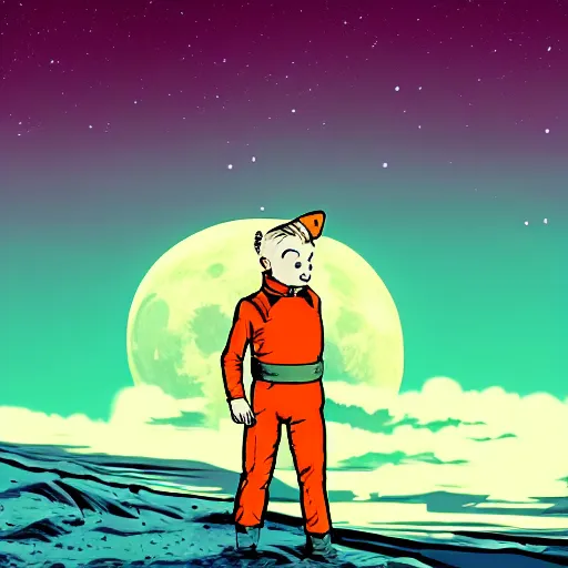 Prompt: Tintin at the moon, trending on artstation, synthwave