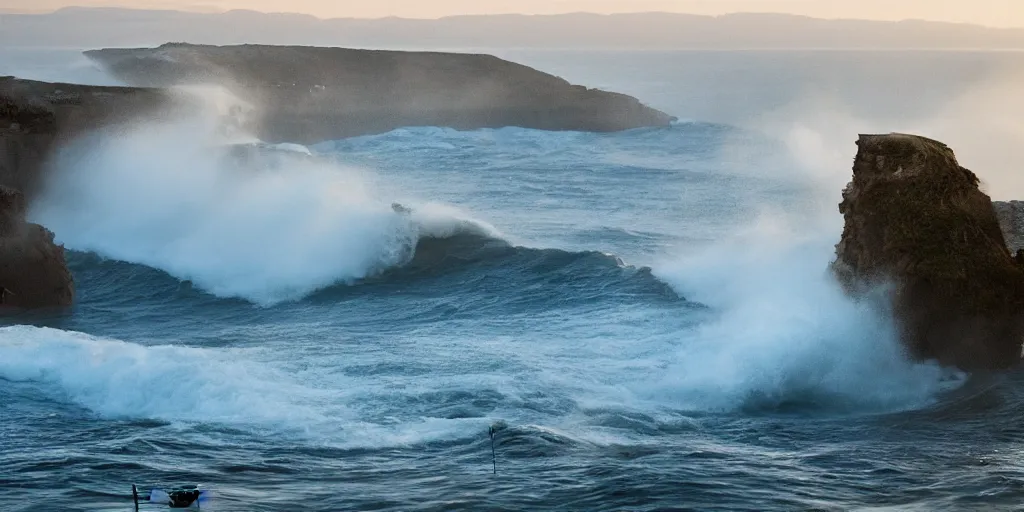 Image similar to a great photograph of the most amazing golf hole in the world complete surrounded by water, huge waves crash against the cliffs, perfect light, ambient light, 5 0 mm, golf digest, top 1 0 0, fog