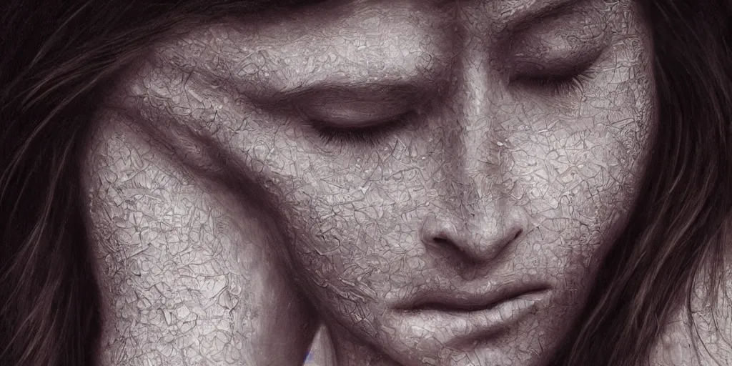 Image similar to hyperrealistic photography of a highly intricate, stunning, beautiful, perfect cyborg female, elbow, knee, intimate, hand holdings, in the style of beth cavener, jin kagetsu, chuck close, and wlop, highly detailed, face, eyes closed, symmetry, masterpiece, award - winning, sharp focus, concept art, ambient lighting, 8 k, artstation