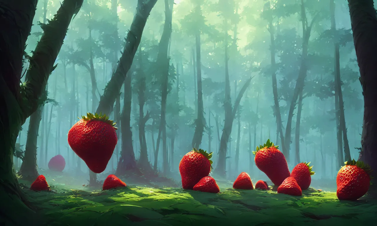 Image similar to Dark forest large strawberries, behance hd by Jesper Ejsing, by RHADS, Makoto Shinkai and Lois van baarle, ilya kuvshinov, rossdraws global illumination