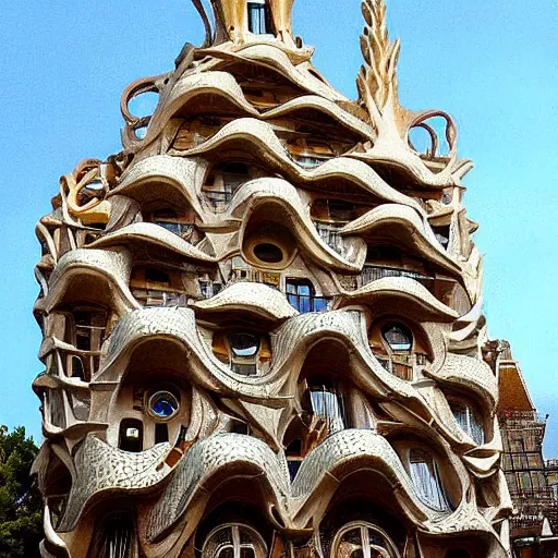 Image similar to A beautiful building Los artificios y el candor del hombre no tienen fin. Sabemos que hubo un día en que el pueblo de Dios buscaba el Nombre en las vigilias de la judería. by Antonio Gaudí intuitive