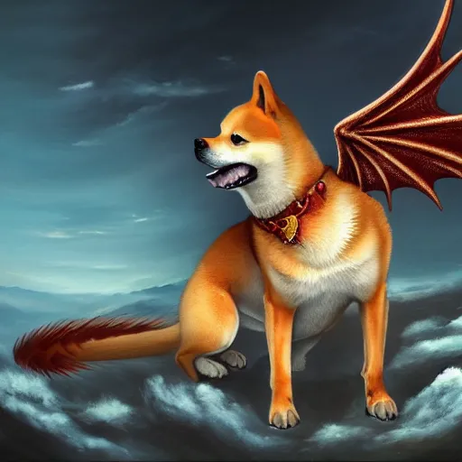 Image similar to an oil painting of a shiba inu with dragon wings, hd, hdr, ue 5, ue 6, unreal engine 5, cinematic 4 k wallpaper, 8 k, ultra detailed, high resolution, artstation, award winning