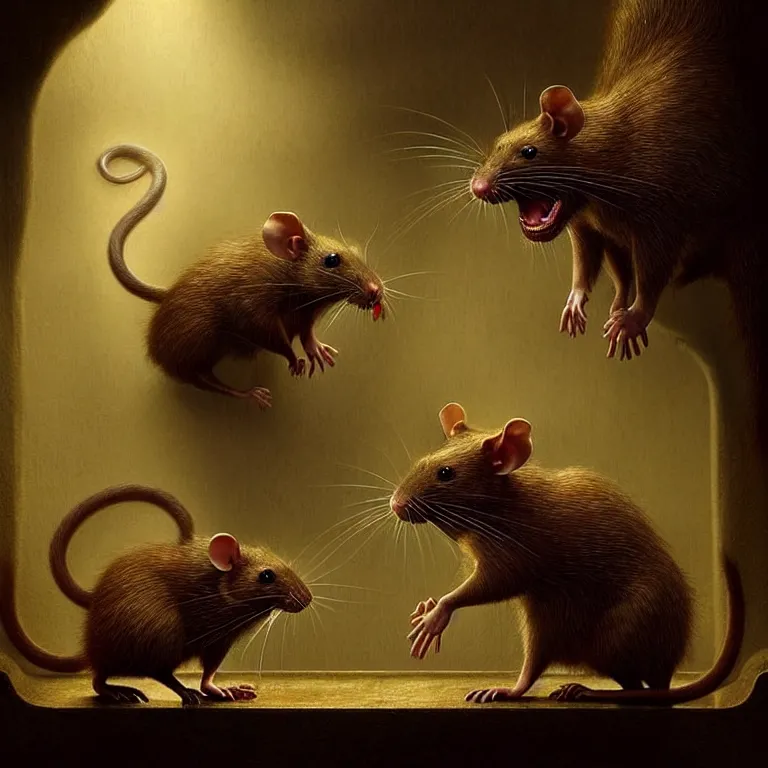 Image similar to epic professional digital art of imposing hungry rats, faint golden moody atmospheric lighting, painted, intricate, detailed, detailed, foreboding, by leesha hannigan, wayne haag, reyna rochin, ignacio fernandez rios, mark ryden, iris van herpen,, epic, stunning, gorgeous, much wow, cinematic, masterpiece.