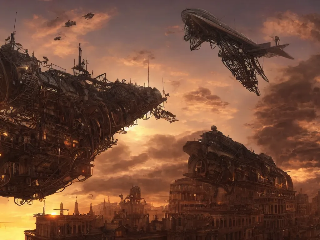 Image similar to a steampunk city, sunset, airship in the sky, clear skies in the distance, hyperreal, artstation