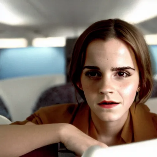 Image similar to emma watson, inside airplane, film still, fujifilm reala