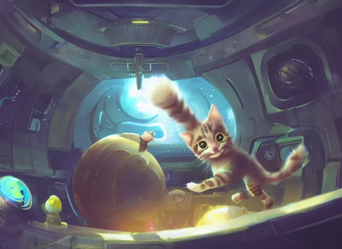 Prompt: cute fuzzy kitten playing in a space station, fantasy, concept art, artstation, tyler edlin, feng zhu, thomas karpi