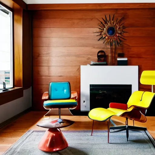 Image similar to the interior of a mid century modern living room with an eames chair