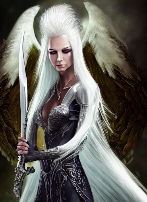 Prompt: a woman with white hair and wings holding a sword, a digital rendering by Anne Stokes, deviantart, fantasy art, deviantart hd, deviantart, angelic photograph