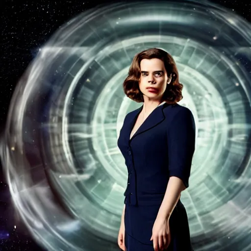 Image similar to a beautiful full body photograph of hayley atwell dressed as doctor who, time vortex in the background, symmetrical face, extreme realism and detail, 8 k, completely framed, direct lighting, 3 5 mm photo, photorealistic, sharp focus